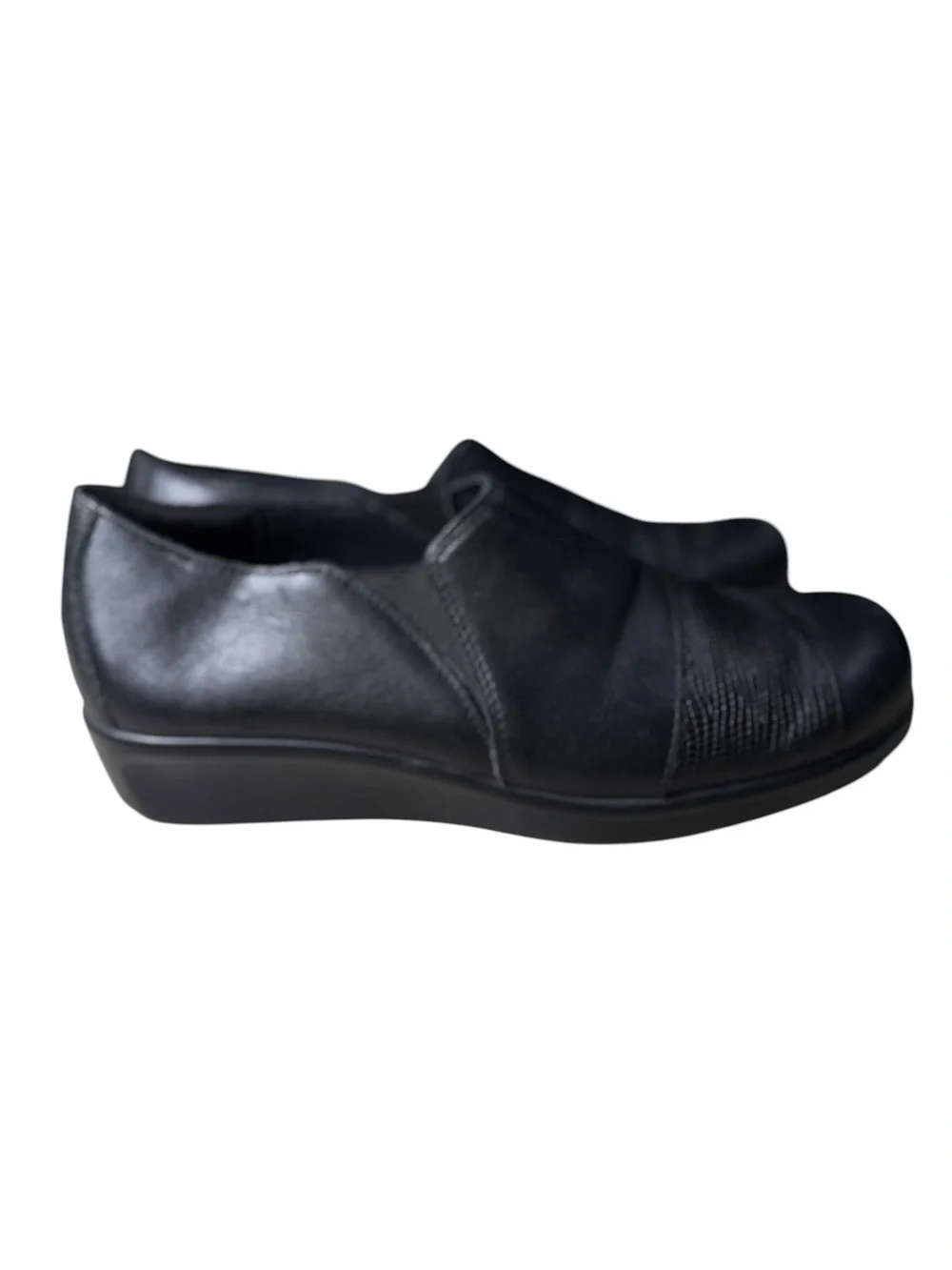 SAS Women's Black Leather Slip-On Shoes Wedge Arch Support Tripad 10M W/ Accent